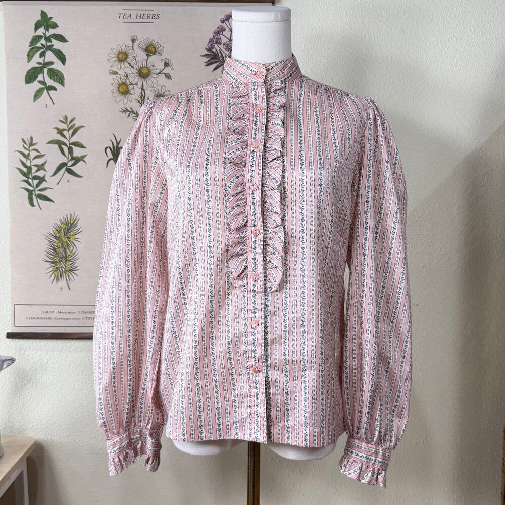 Vintage Ruffle Floral Stripe Button Up Top Cottage Romantic Prairie Coquette S